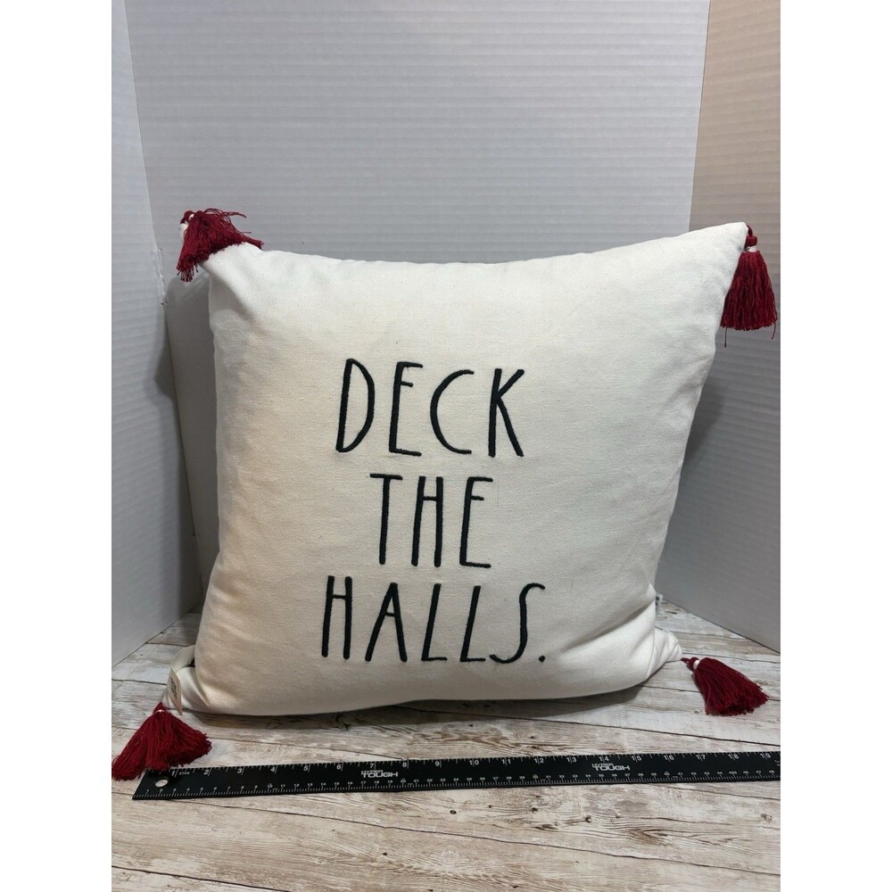 Rae Dunn "Deck The Halls" White Christmas Throw Pillow 20x20 Farmhouse Decor
